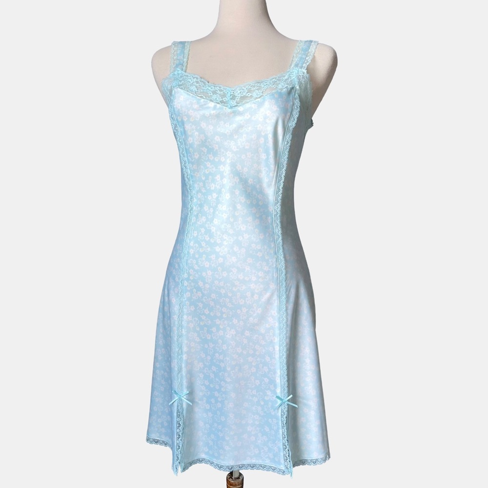 Y2K La Senza Satin Slip Dress S/M | Ice Blue Floral Lace Trim Coquette